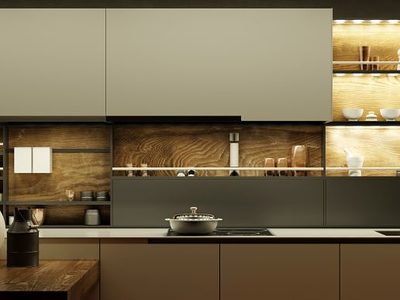 Moderne Küche nachts mit LED Licht in der Küchenzeile