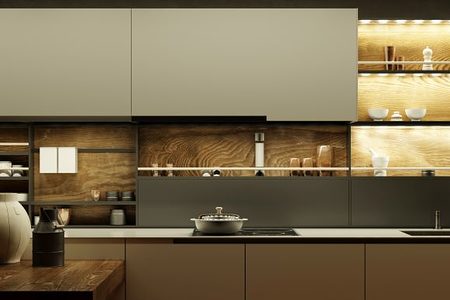 Moderne Küche nachts mit LED Licht in der Küchenzeile