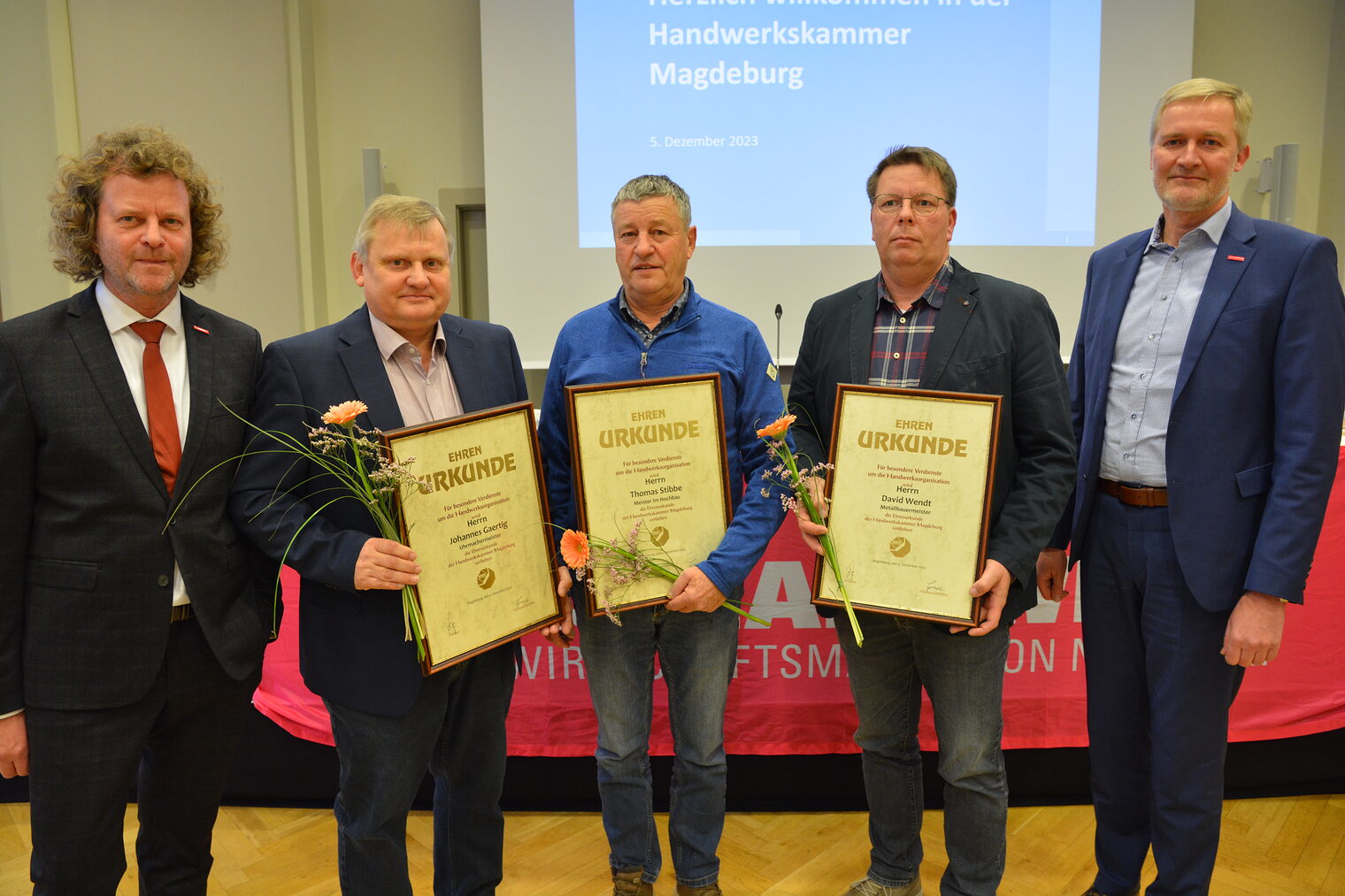v.l.n.r.: Präsident Andreas Dieckmann, Johannes Gaertig, Thomas Stibbe, David Wendt, Hauptgeschäftsführer Burghard Grupe