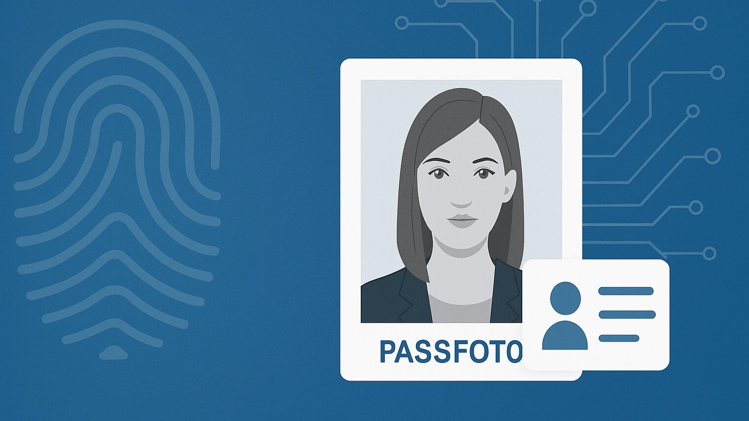 Symbolgrafik mit biometrischem Passfoto, Fingerabdruck und ID-Karte auf blauem Hintergrund. Darstellung der digitalen Identitätsprüfung.