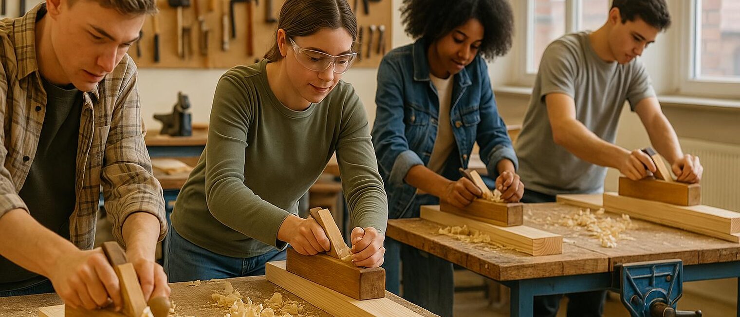 Schüler arbeiten mit Hobeln in einer modernen Schulwerkstatt der Comenius Sekundarschule Stendal am Projekt Haus der Gewerke.