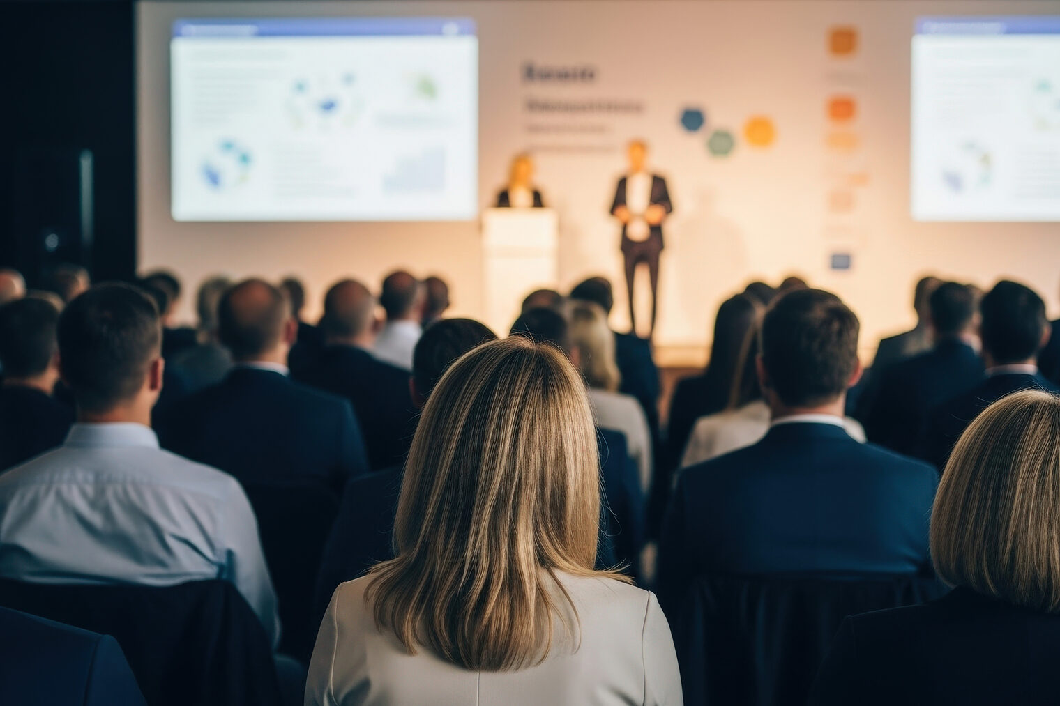 People listen at a business conference with speakers on stage and charts displayed