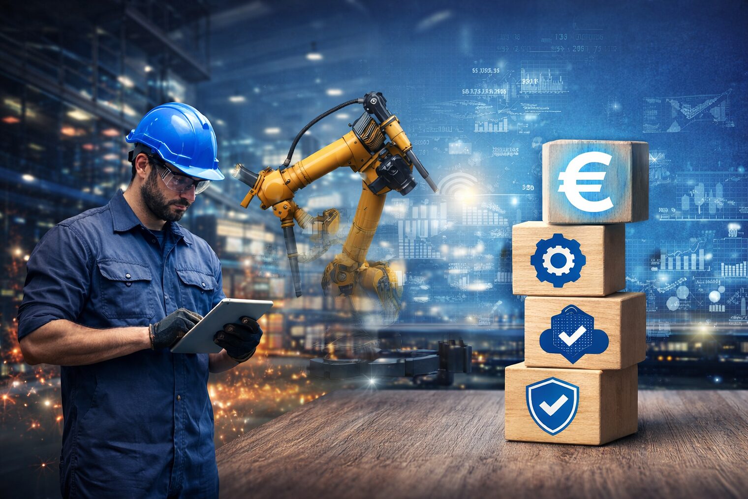 Handwerker mit Tablet in moderner Werkhalle, Roboterarm und digitale Symbole stehen für Digitalisierung im Handwerk.