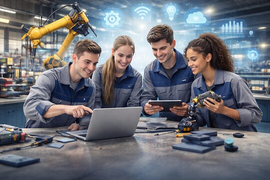 Vier Auszubildende arbeiten in Werkstatt mit Laptop und Tablet an digitalem Projekt, Roboterarm im Hintergrund.