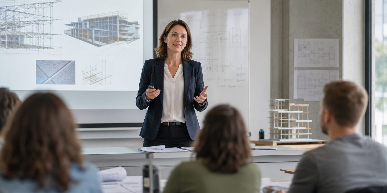 Weibliche Fachperson hält einen Vortrag in einem Hochschul-Klassenzimmer vor Studierenden.