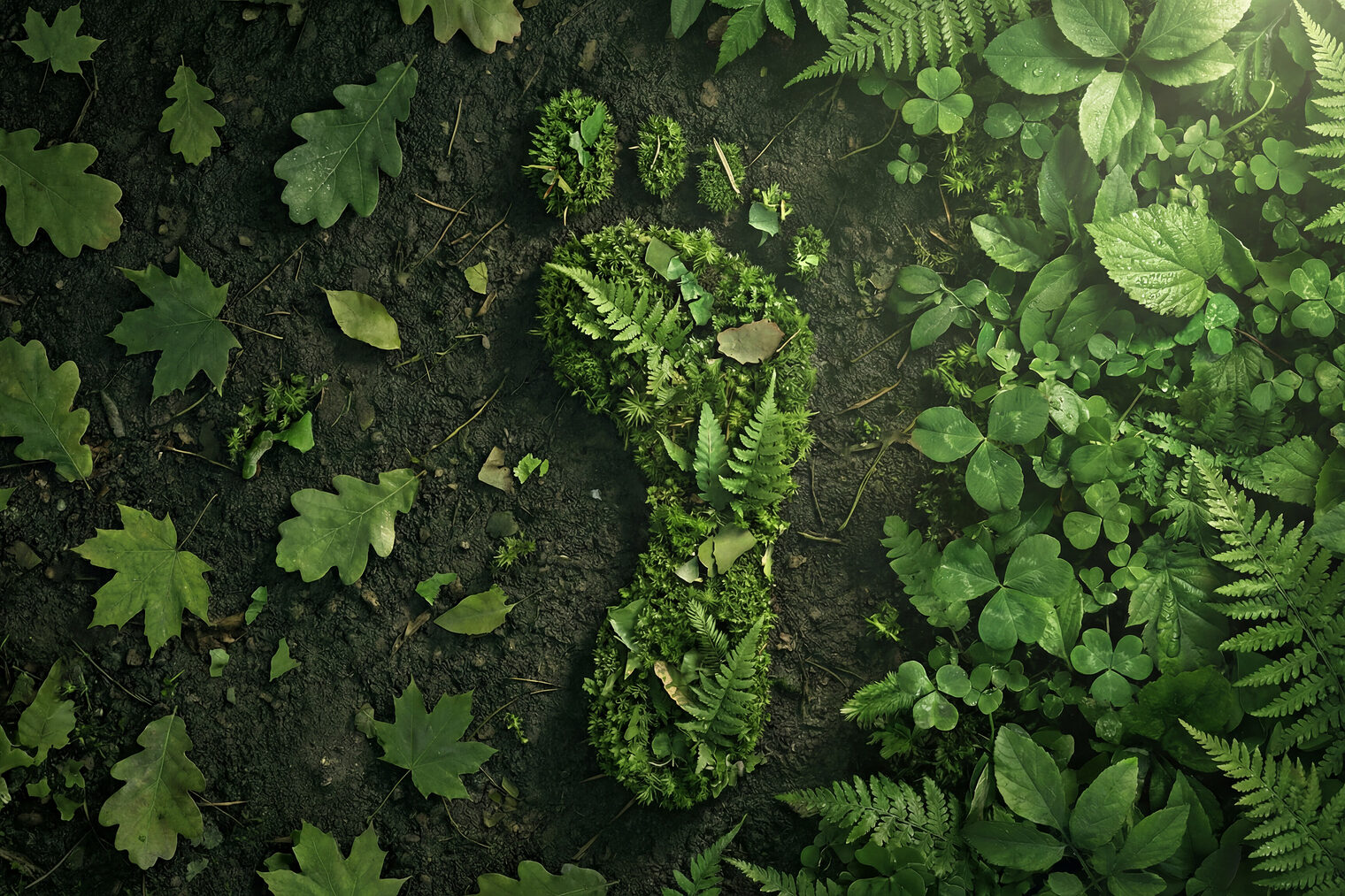 Green footprint made of moss and leaves on forest floor, eco concept
