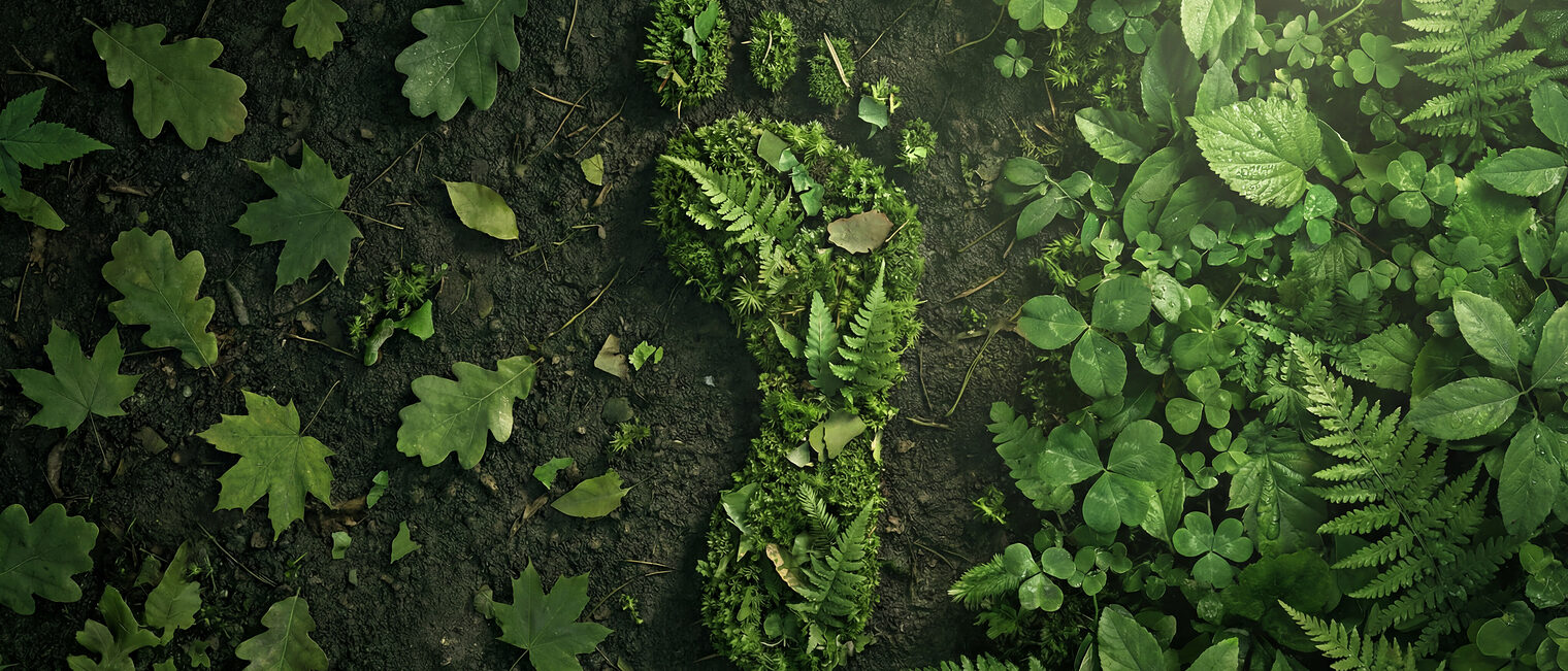 Green footprint made of moss and leaves on forest floor, eco concept