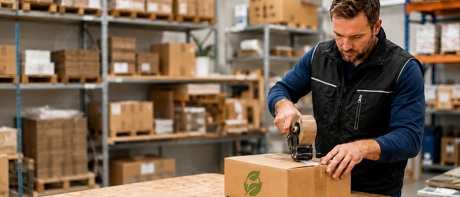 Mitarbeiter verpackt einen Karton in einem Lager mit verschiedenen Verpackungsmaterialien.
