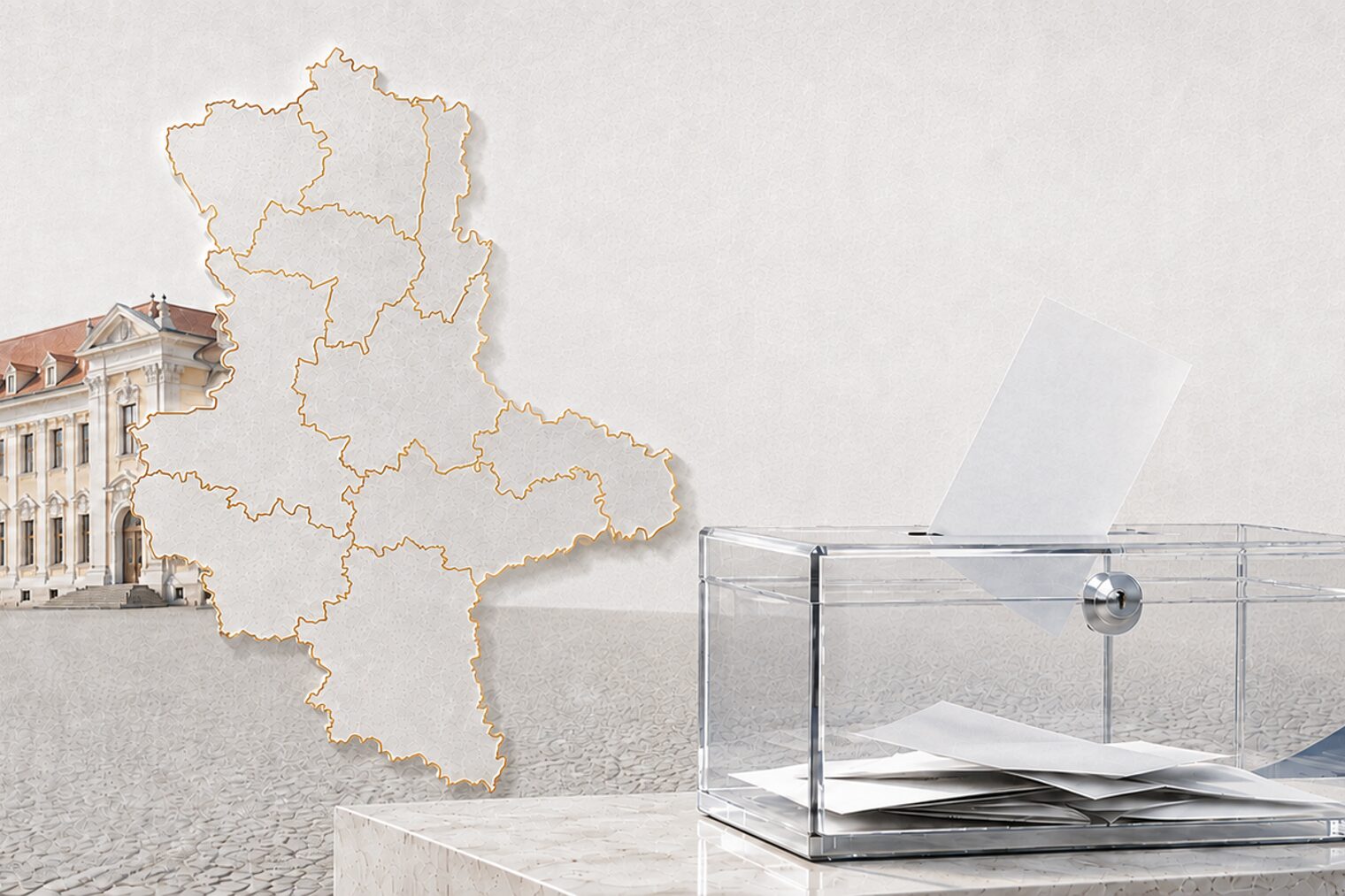 Transparente Wahlurne vor der Silhouette Sachsen-Anhalts und dem Landtagsgebäude am Magdeburger Domplatz. 
