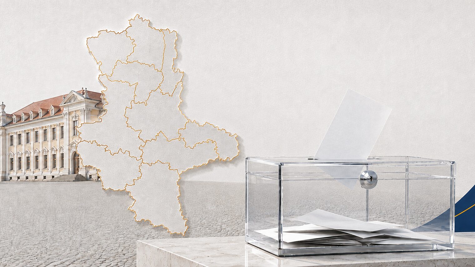 Transparente Wahlurne vor der Silhouette Sachsen-Anhalts und dem Landtagsgebäude am Magdeburger Domplatz. 